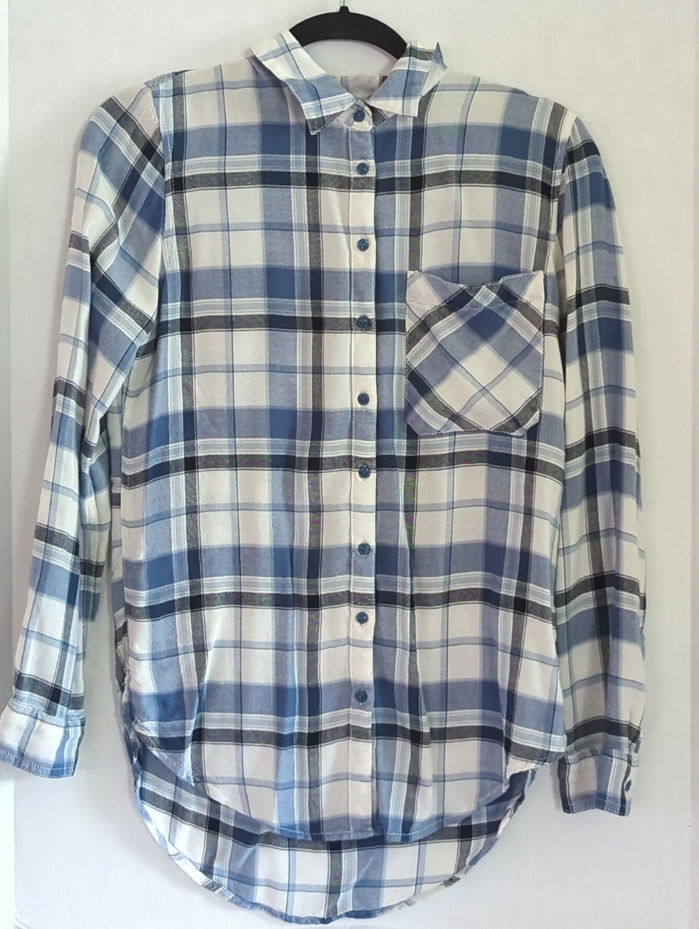 Garage Blue White Black Plaid Lightweight Flannel Button-Up Shirt Pocket Size XS
